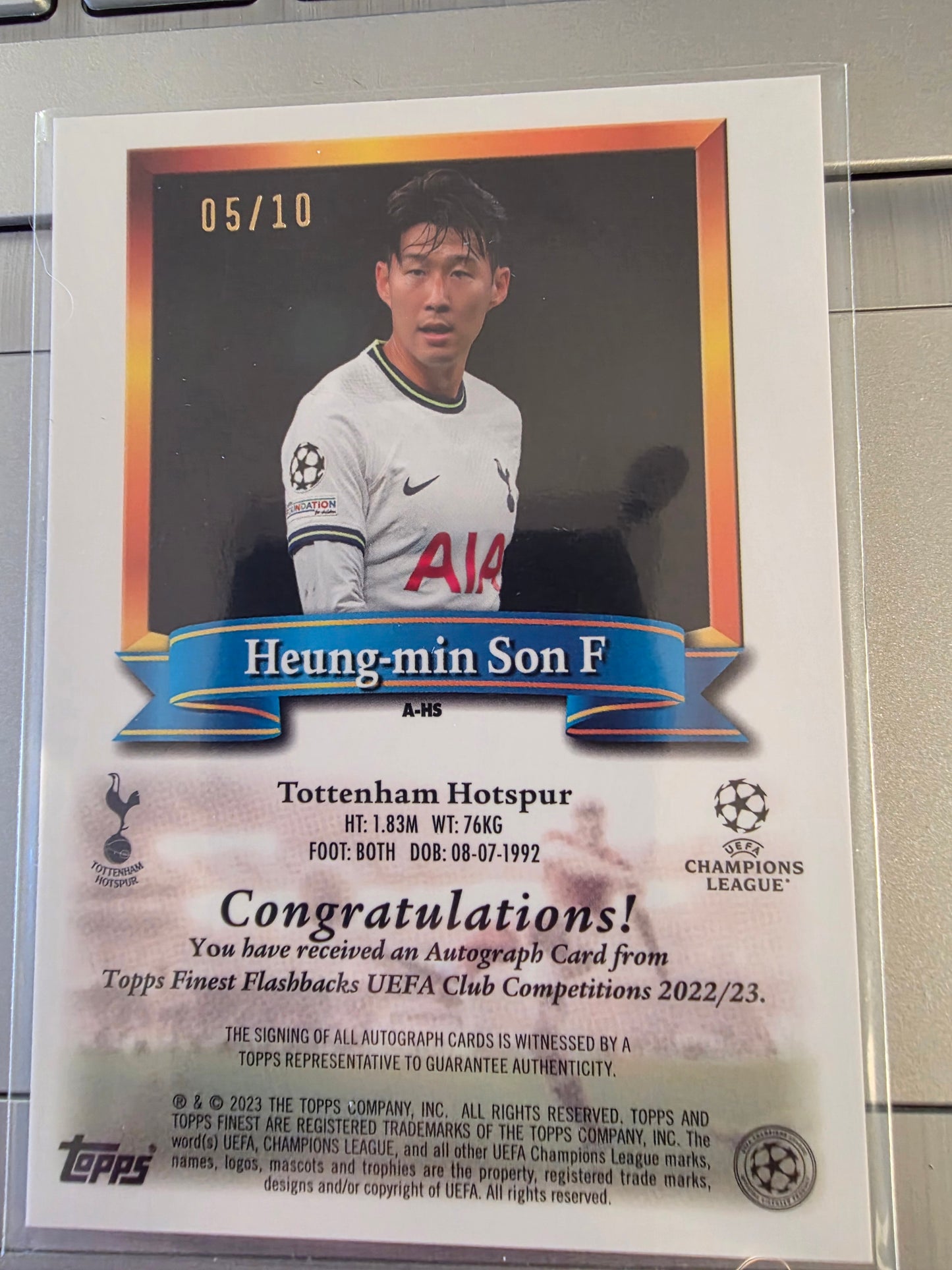 Heung-min Son Topps Finest UEFA Champions League on card Autographed gold card 05/10