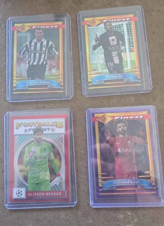 numbered topps finest soccer cards! Alisson Becker 4/5, Zidane 12/25, Neymar Jr 5/25 and Mo Salah 12/15