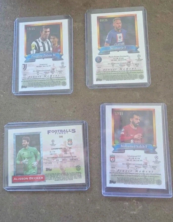 numbered topps finest soccer cards! Alisson Becker 4/5, Zidane 12/25, Neymar Jr 5/25 and Mo Salah 12/15